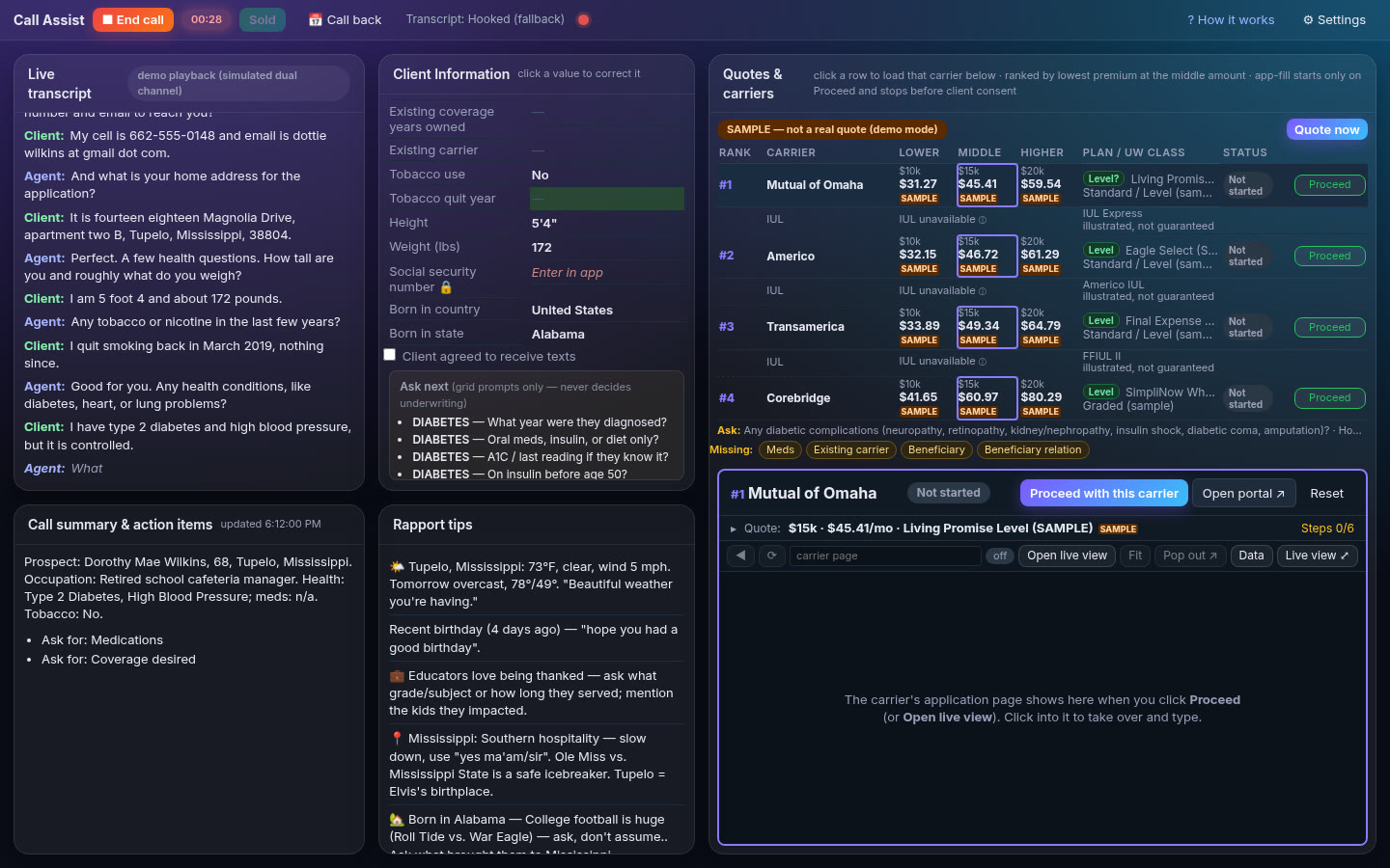 Call Assist dashboard during a sample call: live transcript, client information, ranked carrier quotes and Live View